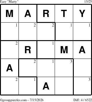 The grouppuzzles.com Easy Marty puzzle for Wednesday July 15, 2026 with the first 3 steps marked