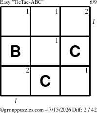 The grouppuzzles.com Easy TicTac-ABC puzzle for Wednesday July 15, 2026, suitable for printing, with all 2 steps marked