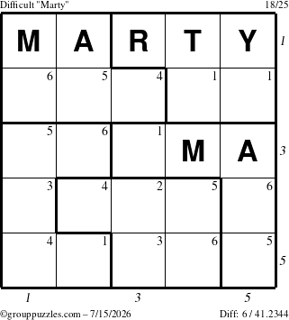 The grouppuzzles.com Difficult Marty puzzle for Wednesday July 15, 2026 with all 6 steps marked