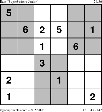The grouppuzzles.com Easy SuperSudoku-Junior puzzle for Wednesday July 15, 2026