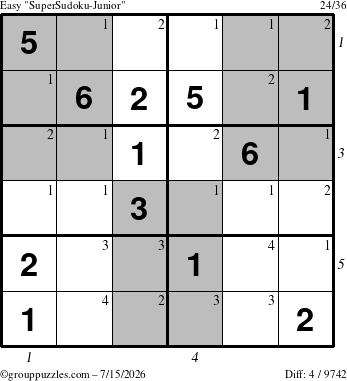 The grouppuzzles.com Easy SuperSudoku-Junior puzzle for Wednesday July 15, 2026 with all 4 steps marked