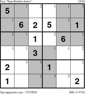 The grouppuzzles.com Easy SuperSudoku-Junior puzzle for Wednesday July 15, 2026 with the first 3 steps marked