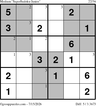 The grouppuzzles.com Medium SuperSudoku-Junior puzzle for Wednesday July 15, 2026 with the first 3 steps marked