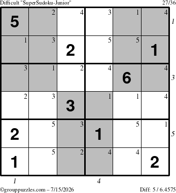 The grouppuzzles.com Difficult SuperSudoku-Junior puzzle for Wednesday July 15, 2026 with all 5 steps marked