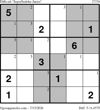 The grouppuzzles.com Difficult SuperSudoku-Junior puzzle for Wednesday July 15, 2026 with the first 3 steps marked