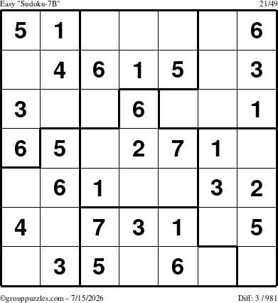 The grouppuzzles.com Easy Sudoku-7B puzzle for Wednesday July 15, 2026