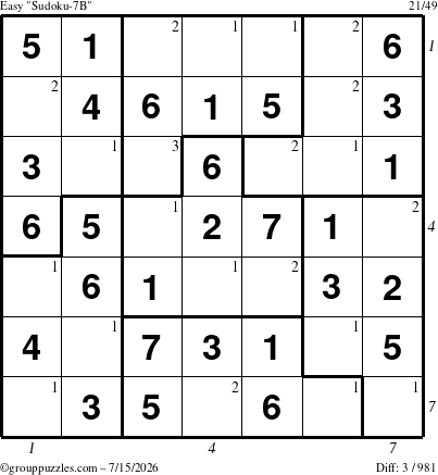 The grouppuzzles.com Easy Sudoku-7B puzzle for Wednesday July 15, 2026, suitable for printing, with all 3 steps marked