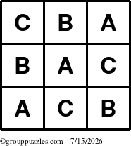 The grouppuzzles.com Answer grid for the TicTac-ABC puzzle for Wednesday July 15, 2026