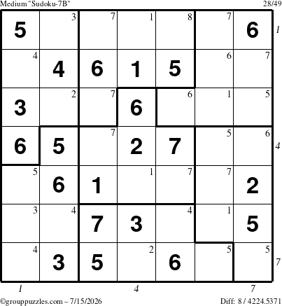 The grouppuzzles.com Medium Sudoku-7B puzzle for Wednesday July 15, 2026, suitable for printing, with all 8 steps marked