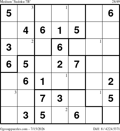 The grouppuzzles.com Medium Sudoku-7B puzzle for Wednesday July 15, 2026 with the first 3 steps marked