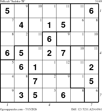 The grouppuzzles.com Difficult Sudoku-7B puzzle for Wednesday July 15, 2026 with all 12 steps marked