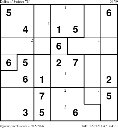 The grouppuzzles.com Difficult Sudoku-7B puzzle for Wednesday July 15, 2026 with the first 3 steps marked