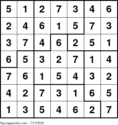 The grouppuzzles.com Answer grid for the Sudoku-7B puzzle for Wednesday July 15, 2026