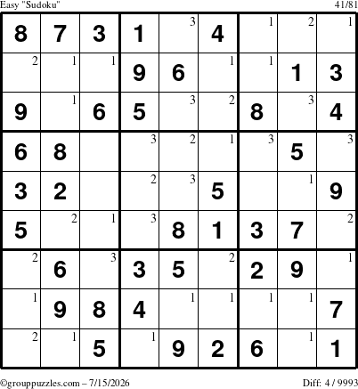 The grouppuzzles.com Easy Sudoku puzzle for Wednesday July 15, 2026 with the first 3 steps marked