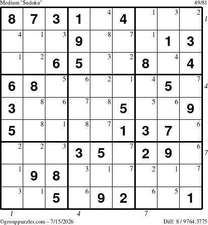 The grouppuzzles.com Medium Sudoku puzzle for Wednesday July 15, 2026, suitable for printing, with all 8 steps marked