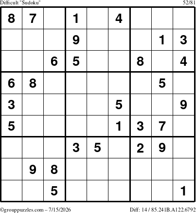 The grouppuzzles.com Difficult Sudoku puzzle for Wednesday July 15, 2026