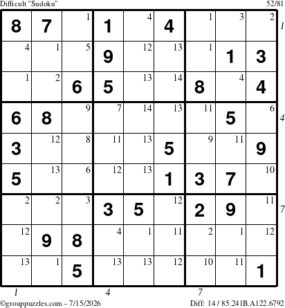 The grouppuzzles.com Difficult Sudoku puzzle for Wednesday July 15, 2026, suitable for printing, with all 14 steps marked