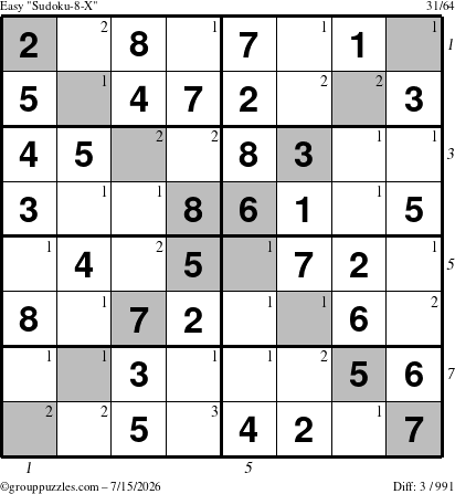 The grouppuzzles.com Easy Sudoku-8-X puzzle for Wednesday July 15, 2026 with all 3 steps marked