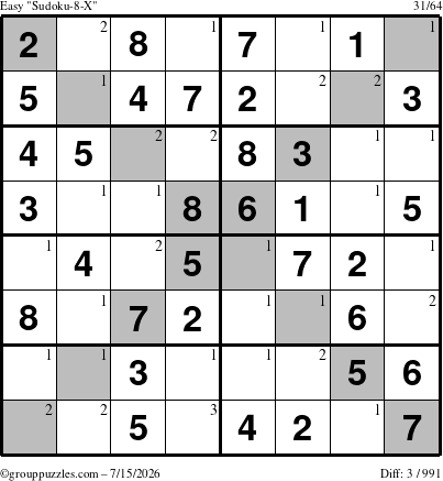 The grouppuzzles.com Easy Sudoku-8-X puzzle for Wednesday July 15, 2026 with the first 3 steps marked