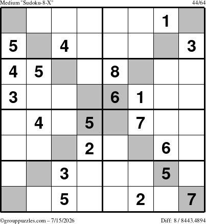 The grouppuzzles.com Medium Sudoku-8-X puzzle for Wednesday July 15, 2026