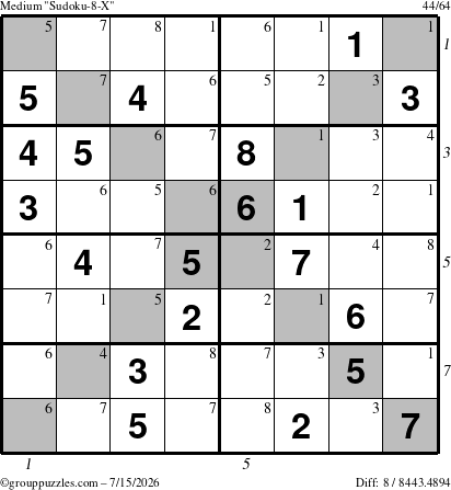 The grouppuzzles.com Medium Sudoku-8-X puzzle for Wednesday July 15, 2026, suitable for printing, with all 8 steps marked