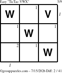 The grouppuzzles.com Easy TicTac-VWX puzzle for Wednesday July 15, 2026, suitable for printing, with all 2 steps marked