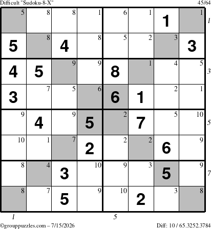 The grouppuzzles.com Difficult Sudoku-8-X puzzle for Wednesday July 15, 2026 with all 10 steps marked