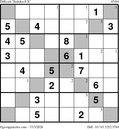 The grouppuzzles.com Difficult Sudoku-8-X puzzle for Wednesday July 15, 2026 with the first 3 steps marked