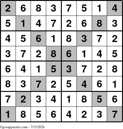 The grouppuzzles.com Answer grid for the Sudoku-8-X puzzle for Wednesday July 15, 2026