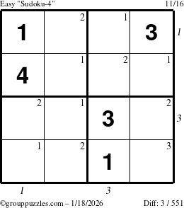 The grouppuzzles.com Easy Sudoku-4 puzzle for Sunday January 18, 2026 with all 3 steps marked