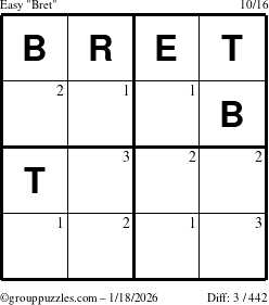 The grouppuzzles.com Easy Bret puzzle for Sunday January 18, 2026 with the first 3 steps marked