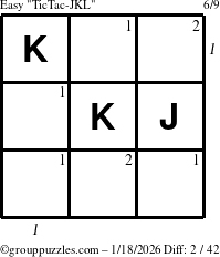 The grouppuzzles.com Easy TicTac-JKL puzzle for Sunday January 18, 2026 with all 2 steps marked