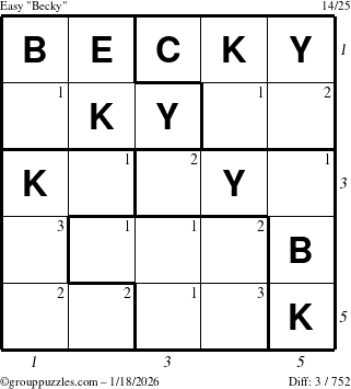 The grouppuzzles.com Easy Becky puzzle for Sunday January 18, 2026 with all 3 steps marked