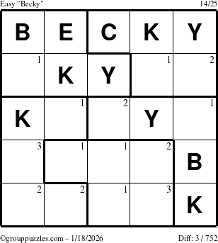 The grouppuzzles.com Easy Becky puzzle for Sunday January 18, 2026 with the first 3 steps marked