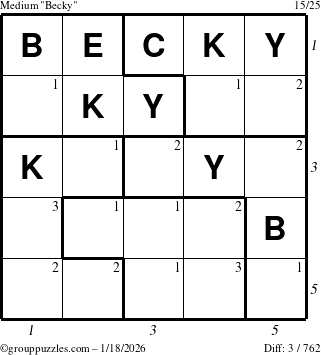 The grouppuzzles.com Medium Becky puzzle for Sunday January 18, 2026, suitable for printing, with all 3 steps marked