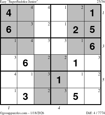 The grouppuzzles.com Easy SuperSudoku-Junior puzzle for Sunday January 18, 2026 with all 4 steps marked