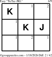 The grouppuzzles.com Easy TicTac-JKL puzzle for Sunday January 18, 2026 with the first 2 steps marked