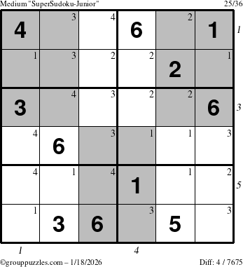 The grouppuzzles.com Medium SuperSudoku-Junior puzzle for Sunday January 18, 2026, suitable for printing, with all 4 steps marked