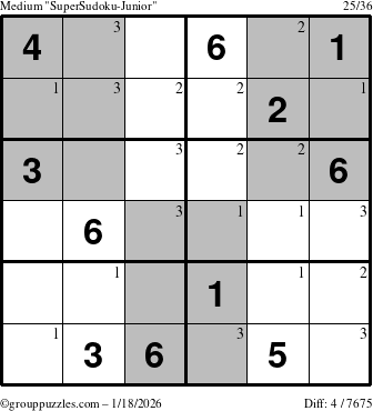 The grouppuzzles.com Medium SuperSudoku-Junior puzzle for Sunday January 18, 2026 with the first 3 steps marked