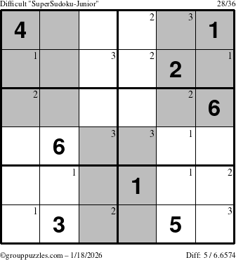 The grouppuzzles.com Difficult SuperSudoku-Junior puzzle for Sunday January 18, 2026 with the first 3 steps marked