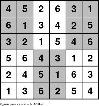 The grouppuzzles.com Answer grid for the SuperSudoku-Junior puzzle for Sunday January 18, 2026