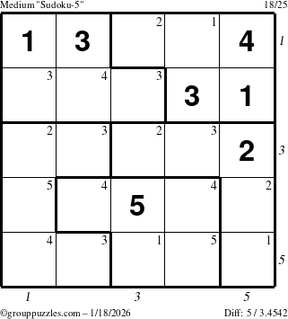 The grouppuzzles.com Medium Sudoku-5 puzzle for Sunday January 18, 2026 with all 5 steps marked