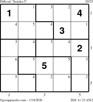 The grouppuzzles.com Difficult Sudoku-5 puzzle for Sunday January 18, 2026 with all 6 steps marked