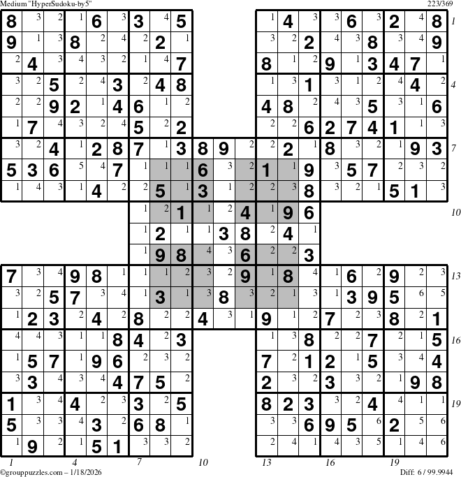 The grouppuzzles.com Medium HyperSudoku-by5 puzzle for Sunday January 18, 2026 with all 6 steps marked