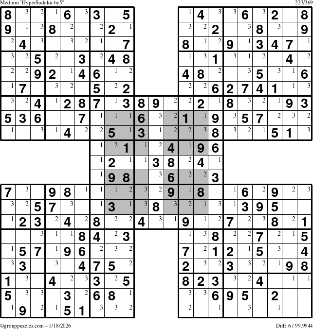 The grouppuzzles.com Medium HyperSudoku-by5 puzzle for Sunday January 18, 2026 with the first 3 steps marked