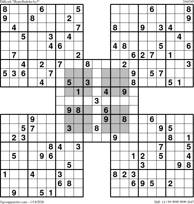 The grouppuzzles.com Difficult HyperSudoku-by5 puzzle for Sunday January 18, 2026
