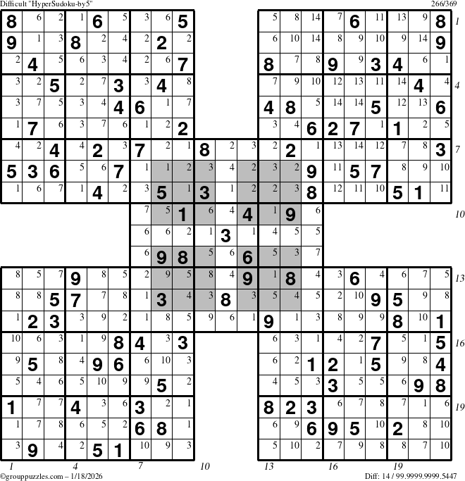 The grouppuzzles.com Difficult HyperSudoku-by5 puzzle for Sunday January 18, 2026 with all 14 steps marked