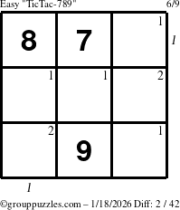 The grouppuzzles.com Easy TicTac-789 puzzle for Sunday January 18, 2026 with all 2 steps marked