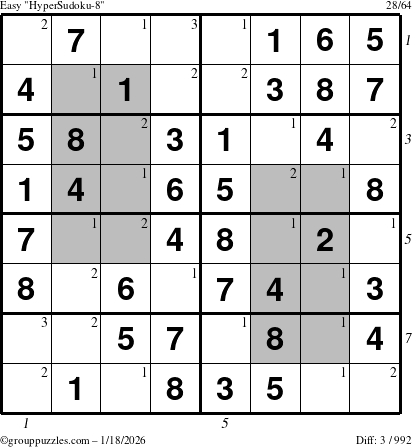 The grouppuzzles.com Easy HyperSudoku-8 puzzle for Sunday January 18, 2026 with all 3 steps marked