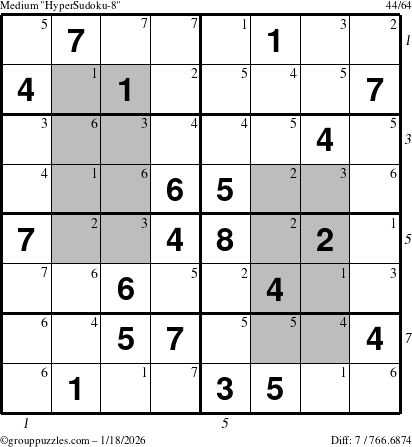 The grouppuzzles.com Medium HyperSudoku-8 puzzle for Sunday January 18, 2026, suitable for printing, with all 7 steps marked